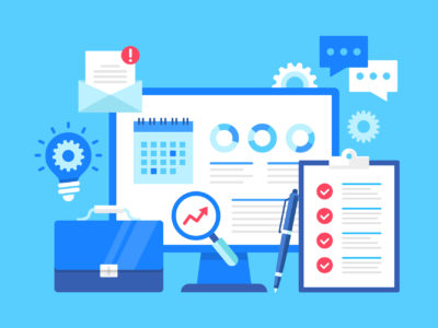 Project management. Vector illustration. Business administration, manage project concepts. Flat design. Computer with calendar, data, infographic on screen, checklist, cog, briefcase, light bulb, etc.